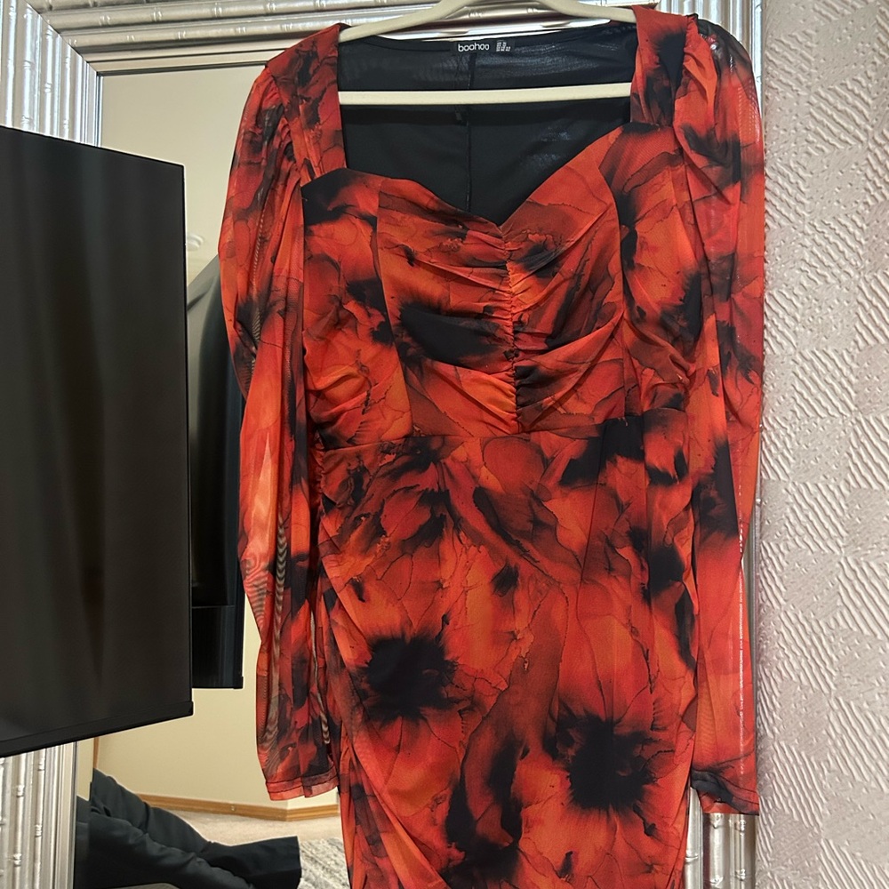 Boohoo Fiery Red and Black Long Sleeve Dress